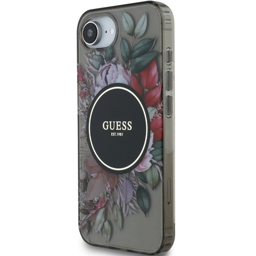 Etui Guess IML Flowers MagSafe do iPhone 16e, czarno-przezroczyste